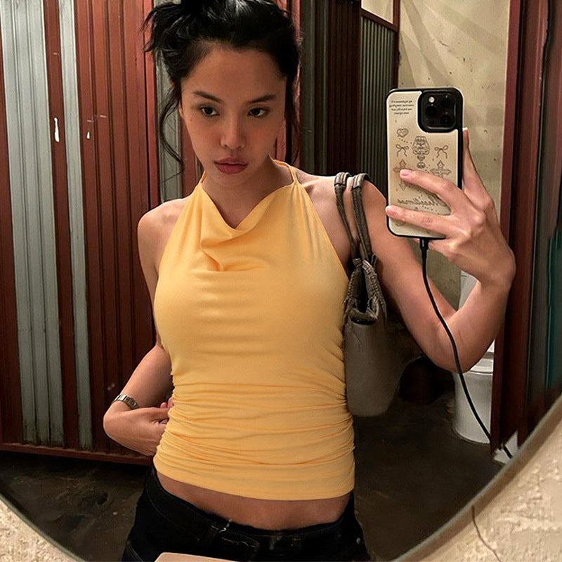 Yellow Sexy Slim Fit Backless All-match Halter Top