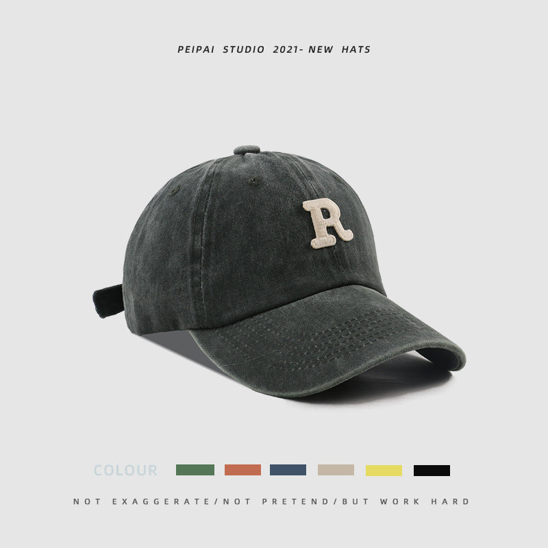 Washed Letter R Stick Ball Cap Casual Patch Sun Hat