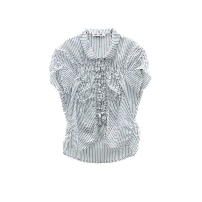 Ruffled Slim-fit Pleated Short-sleeve Top With Drawstring A-line Skirt