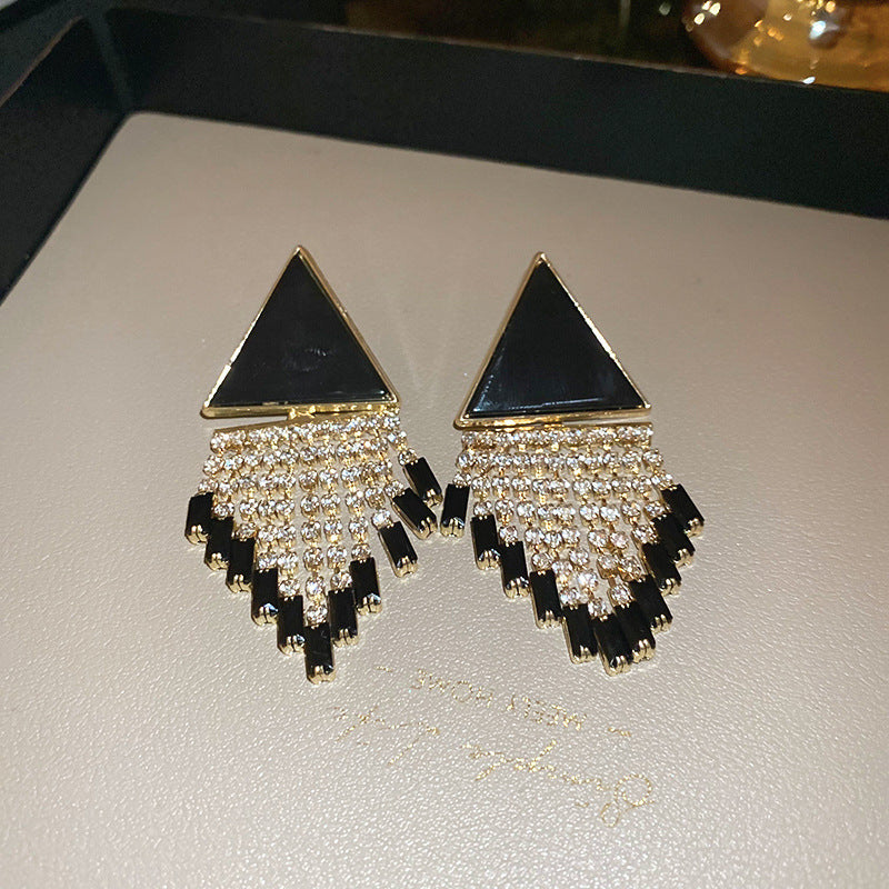 Silver Needle Black Rhimestone Flower Geometric Tassel Stud Earrings