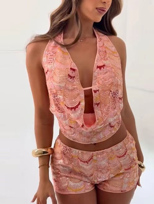 Casual Slim Fit Mermaid Sequined Backless Sexy Overall Dress Set