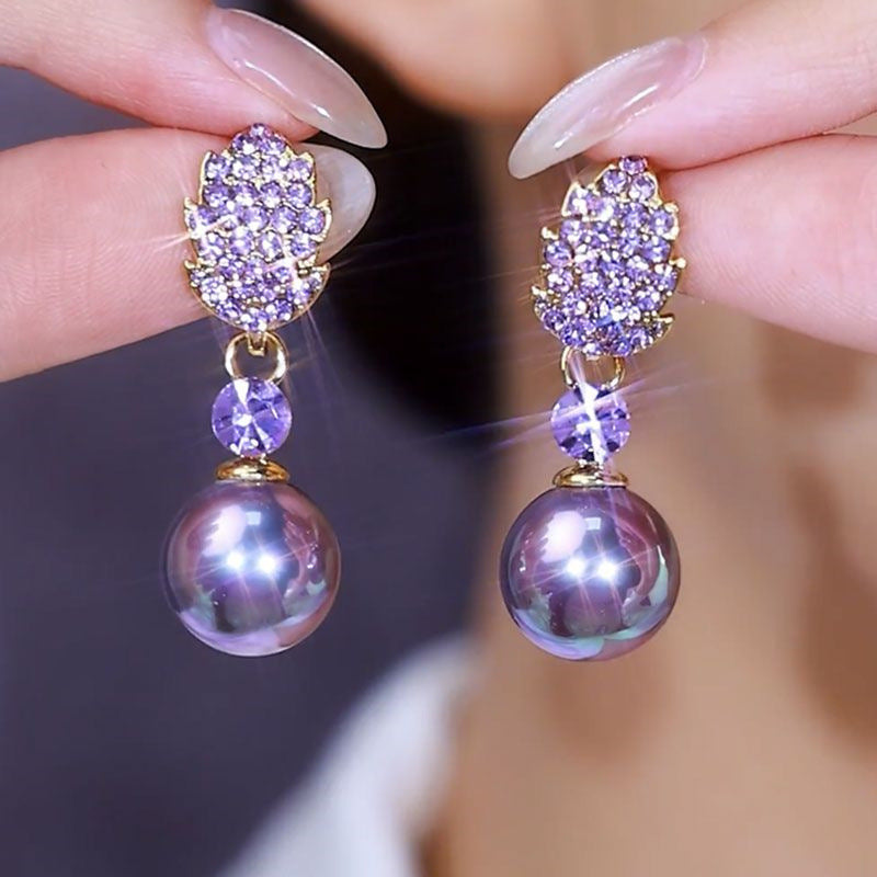 Light Luxury Purple Full Diamond Leaf Pearl Earrings For Women