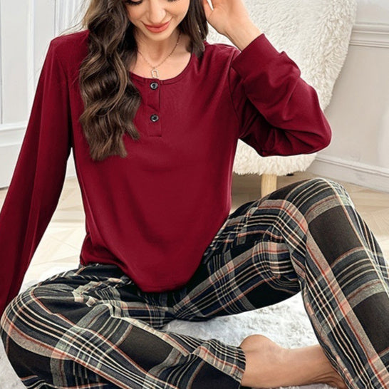 Plaid Pants Thread Top Button Pullover Set