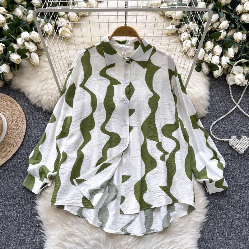 Retro French-style Printed Womens Autumn Loose Slimming Top