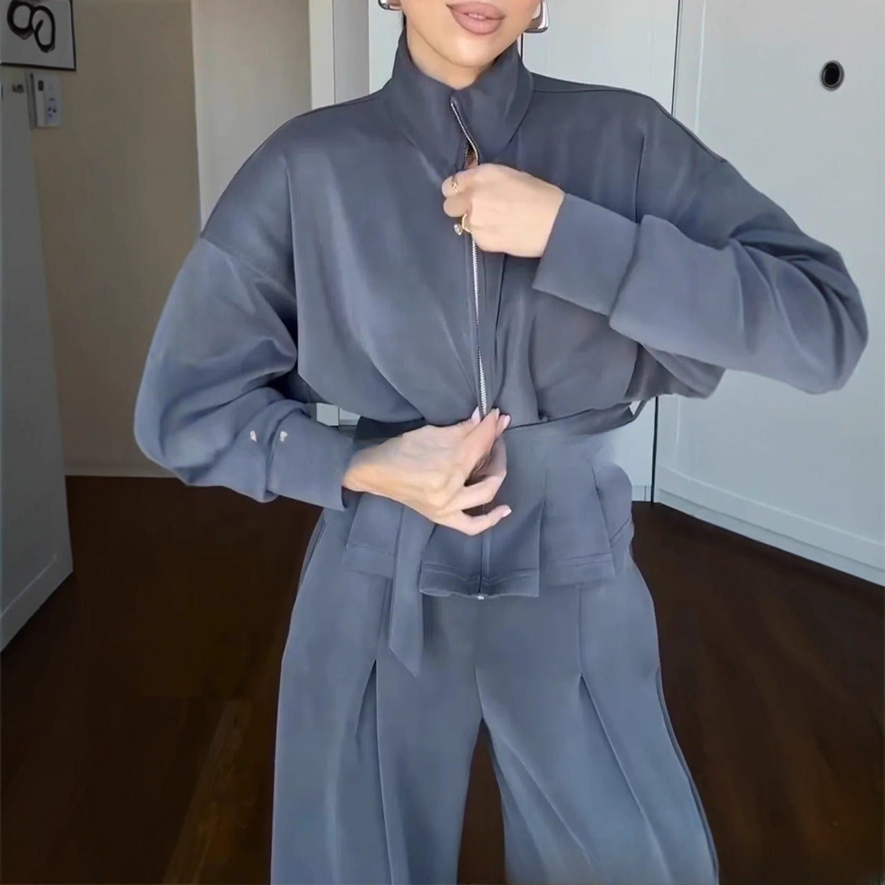 Casual Style Simple Fashion Graceful Stand Collar Zipper Jacket Pants Suit