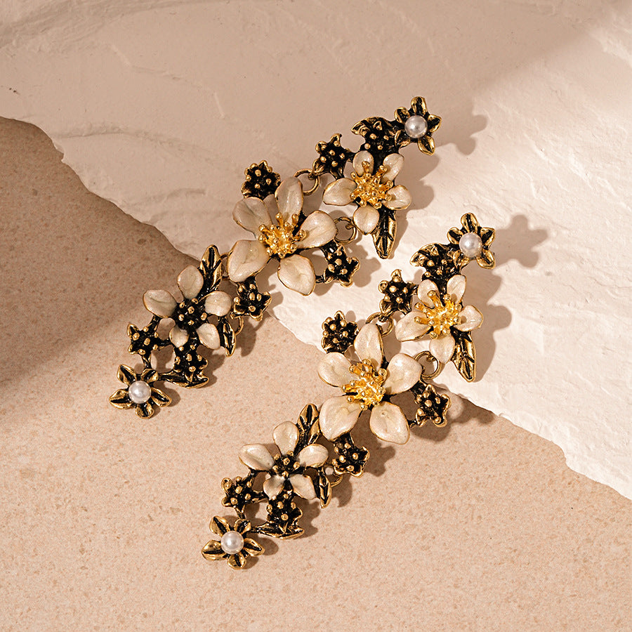 Silver Needle Black Rhimestone Flower Geometric Tassel Stud Earrings