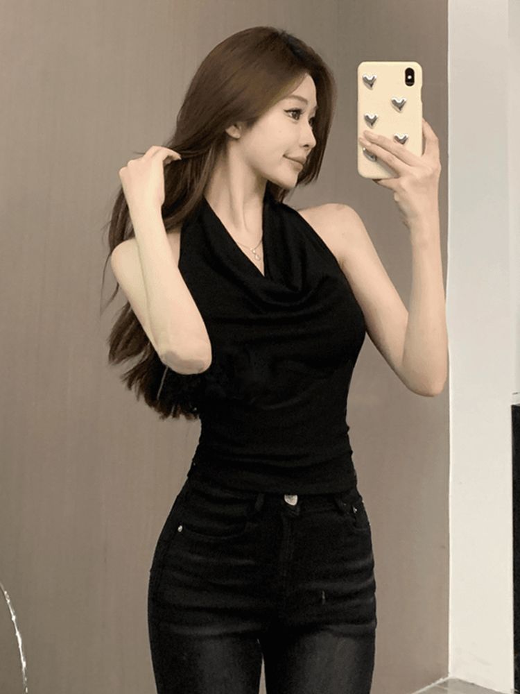 Red Backless Slash-Neck Sleeveless Tank Top Women's Summer