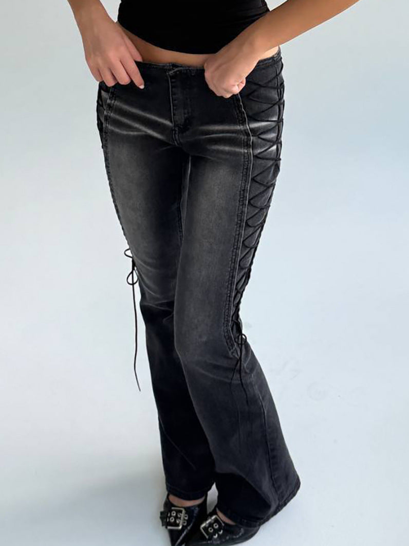 Washed Distressed Side Lace-Up Flare Jeans