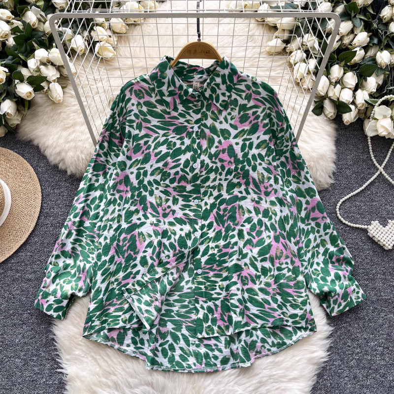 Retro French-style Printed Womens Autumn Loose Slimming Top