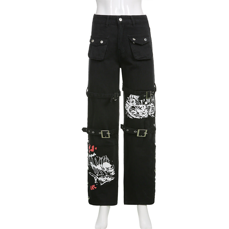 Street Cool Style Printed Metal Buckle Women's Denim Pants