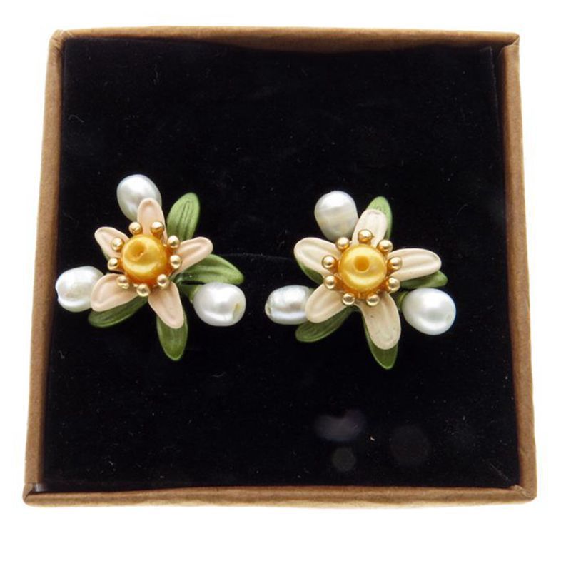 Orange Blossom Leaf Freshwater Yellow Pearl Green Lacquered Women's Retro Earrings