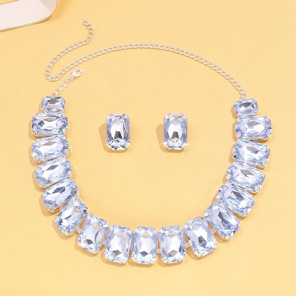Light Luxury Geometric Crystal Necklace Suit Square Exaggerated Earrings Jewelry Set Decorations