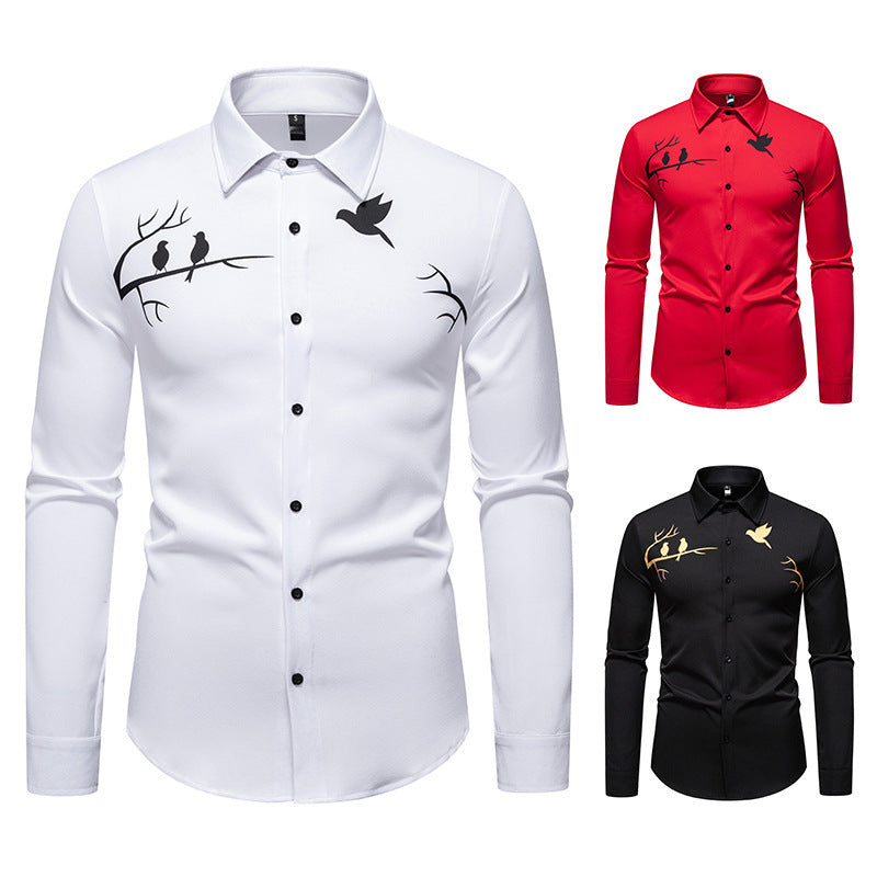Men's Printed Casual Slim-fit Long-sleeved Shirt