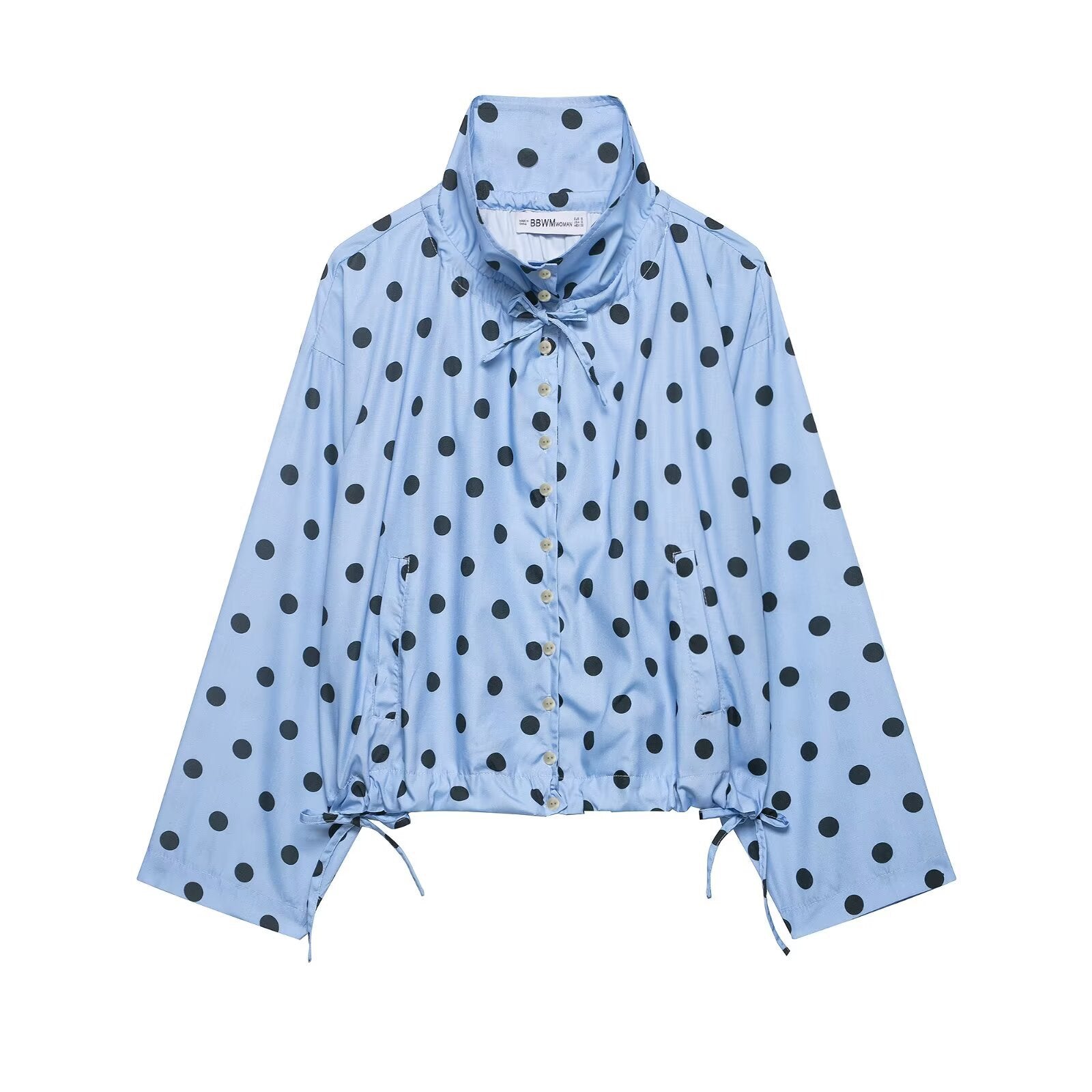 Single-breasted Stand Collar Bow-Tied Polka Dot Coat For Women
