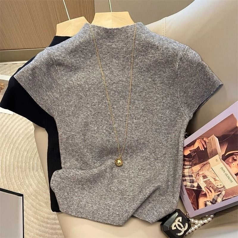 Dopamine Hot Girl Black Mock-neck Shoulder Short Sleeve Shirt Female Summer