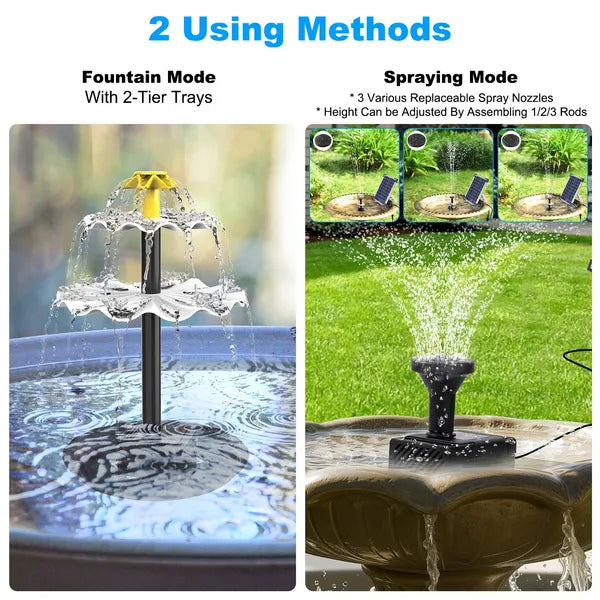 3-Tier Solar Bird Bath Fountain Solar Powered Water-Pump Waterfall Feature With Colorful Light 3 Nozzles 6W Solar Panel For Bird Bath Patio Yard Pond Garden