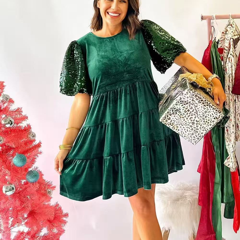 Sequined Puff Sleeve High Waist Dress For Women