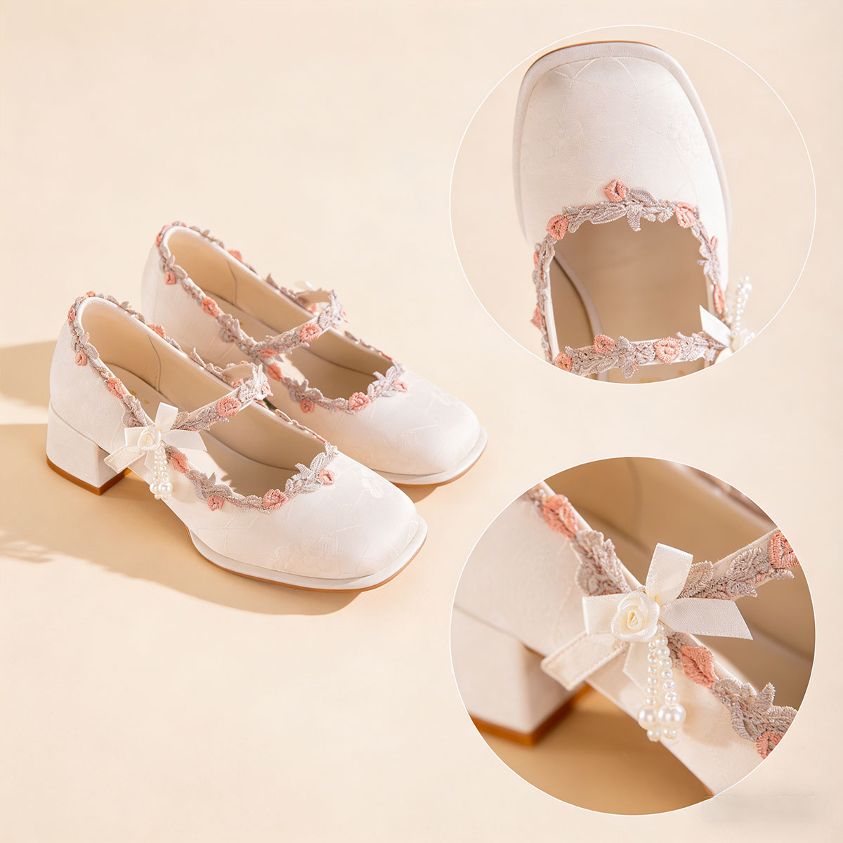 Elegant Oriental Jacquard Satin Mary Jane Shoes With Embroidered Lace And Pearls, Non-Slip Rubber Sole, Comfortable And Non-Fatiguing, Versatile High Heels For Everyday Wear, Parties, And Weddings