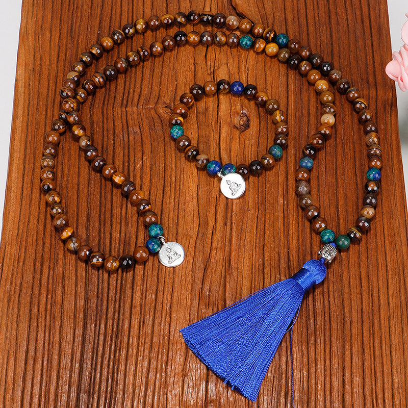 Tiger Eye Stone Bead Necklace Handmade Buddha Head Yoga