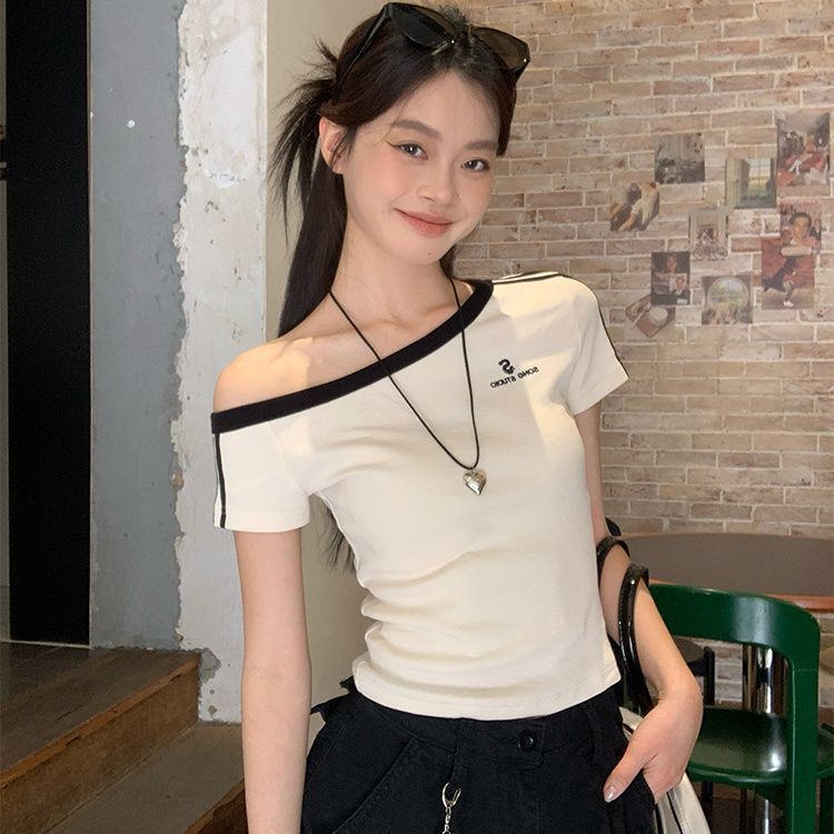 American Hot Girl Sweet And Spicy Sloping-shoulder Off The-shoulder Top