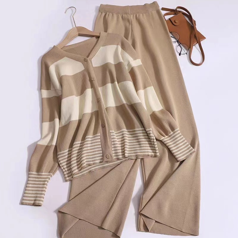 Korean Style Western Style Youthful-looking Striped V-neck Knitted Cardigan Wide Leg Pants Fashion Two-piece Suit