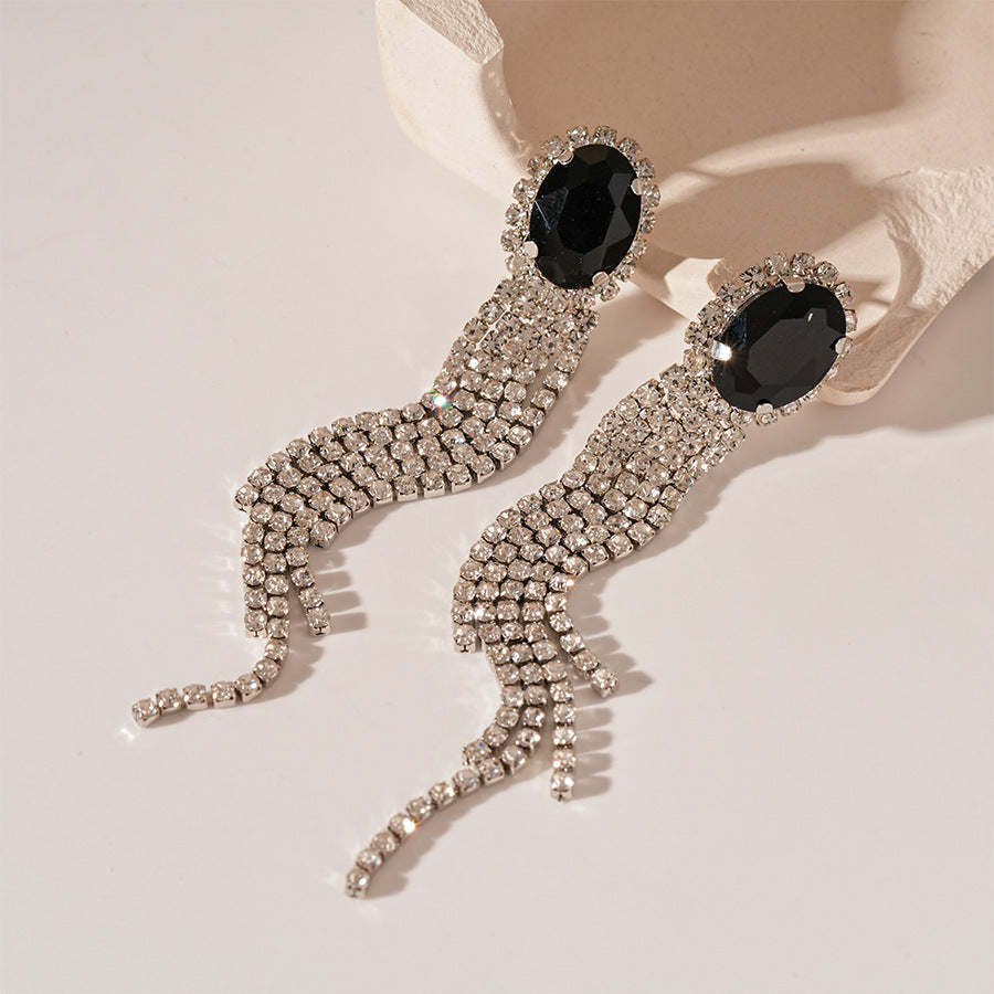 Silver Needle Black Rhimestone Flower Geometric Tassel Stud Earrings