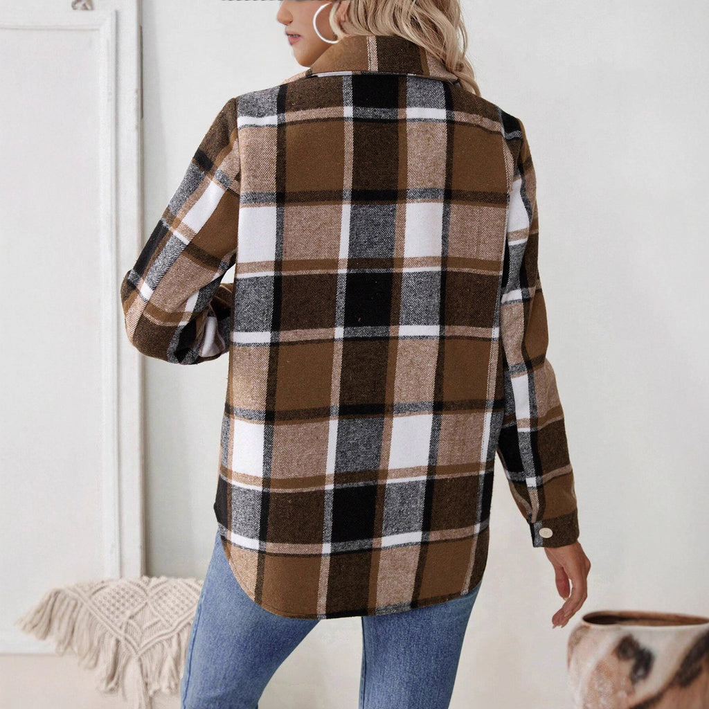 Woolen Woven Plaid Button Shirt Collar Jacket Top