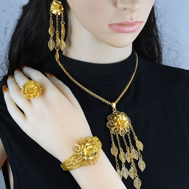 Lady's Flower Necklace Earring Ring Bracelet Copper-plated Gold Jewelry Suit