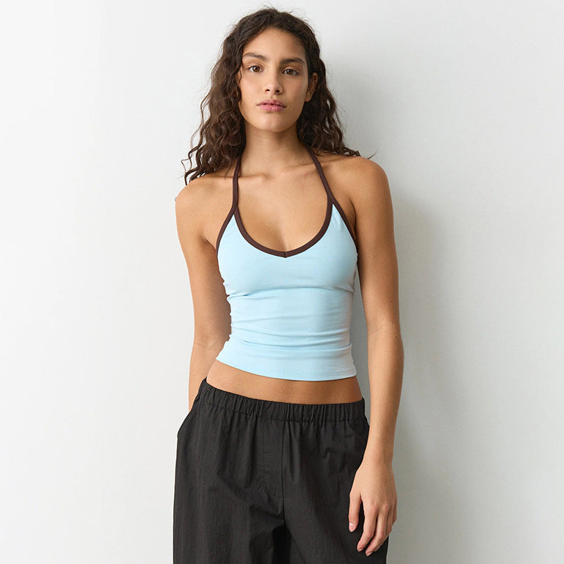 Womens Summer Instagram-Style New Contrasting Color Halter Top With Lace-up Details