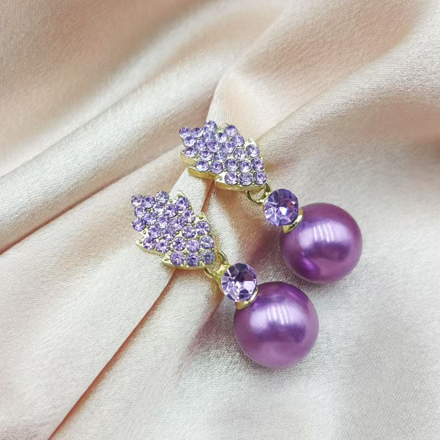 Light Luxury Purple Full Diamond Leaf Pearl Earrings For Women