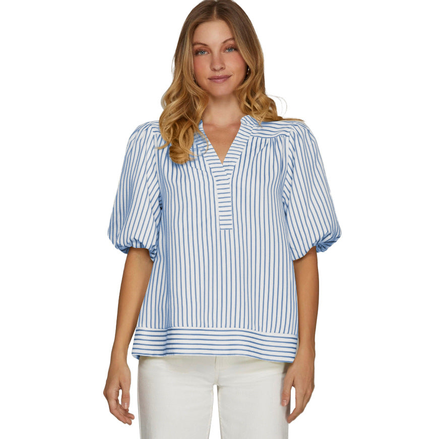 V-neck Panelled Striped Top With Puff Sleeves