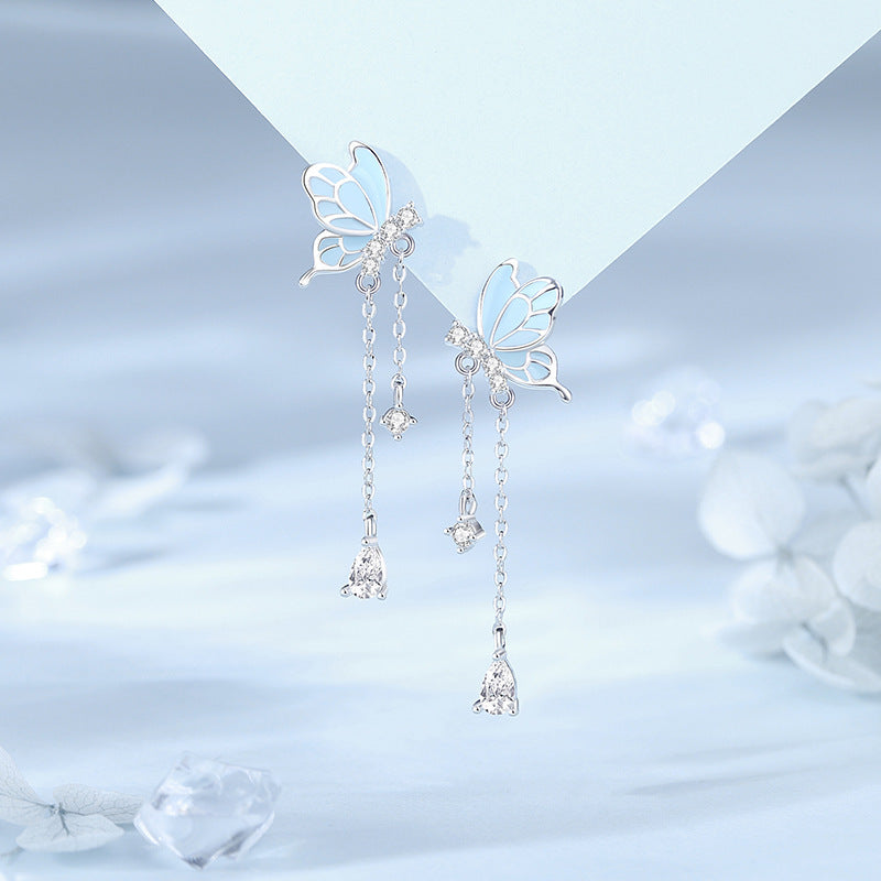 Luminous Dancing Butterfly Tassel S925 Sterling Silver Stud Earrings Minority Fashion Long