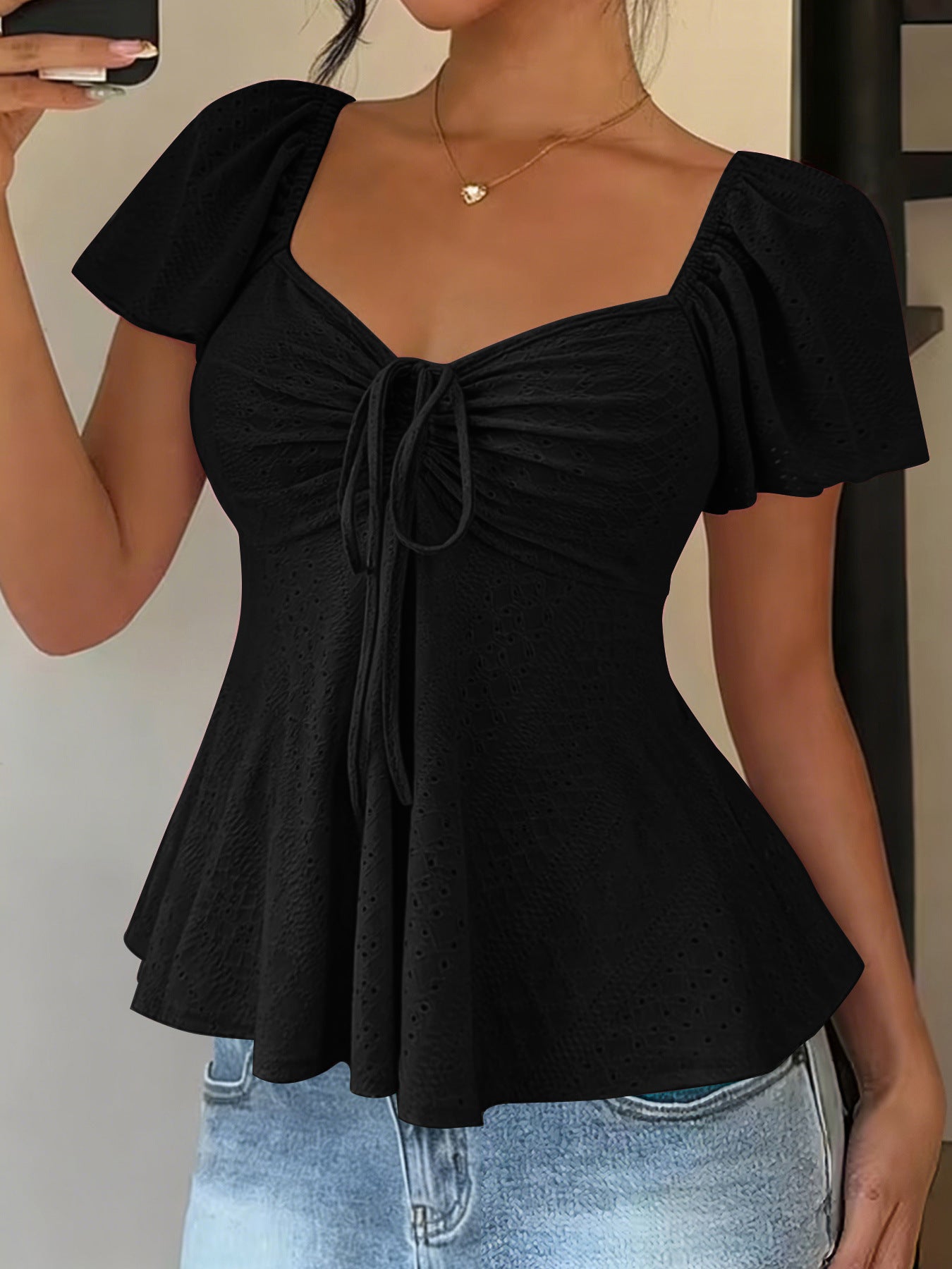 Euramerican V-neck Drawstring Tie-up Top