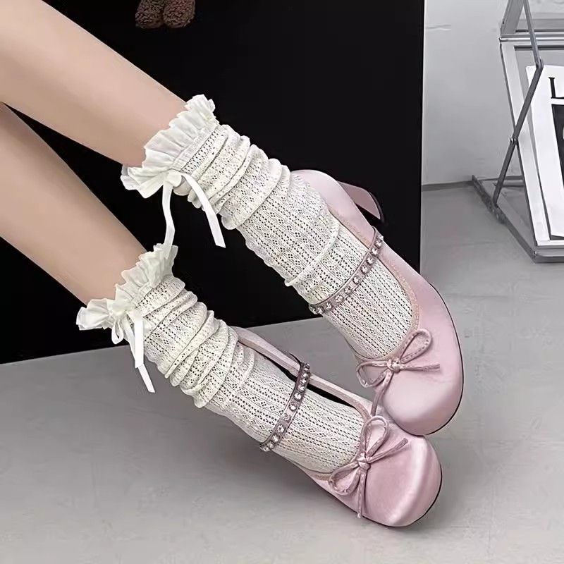 New Single Layer Gentle Bow French Round Head Low-cut Rhinestone Word With Mary Jane Shoes