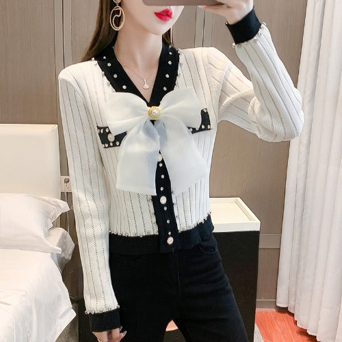 Fashion V-neck Bow Knitted Coat Women's Top