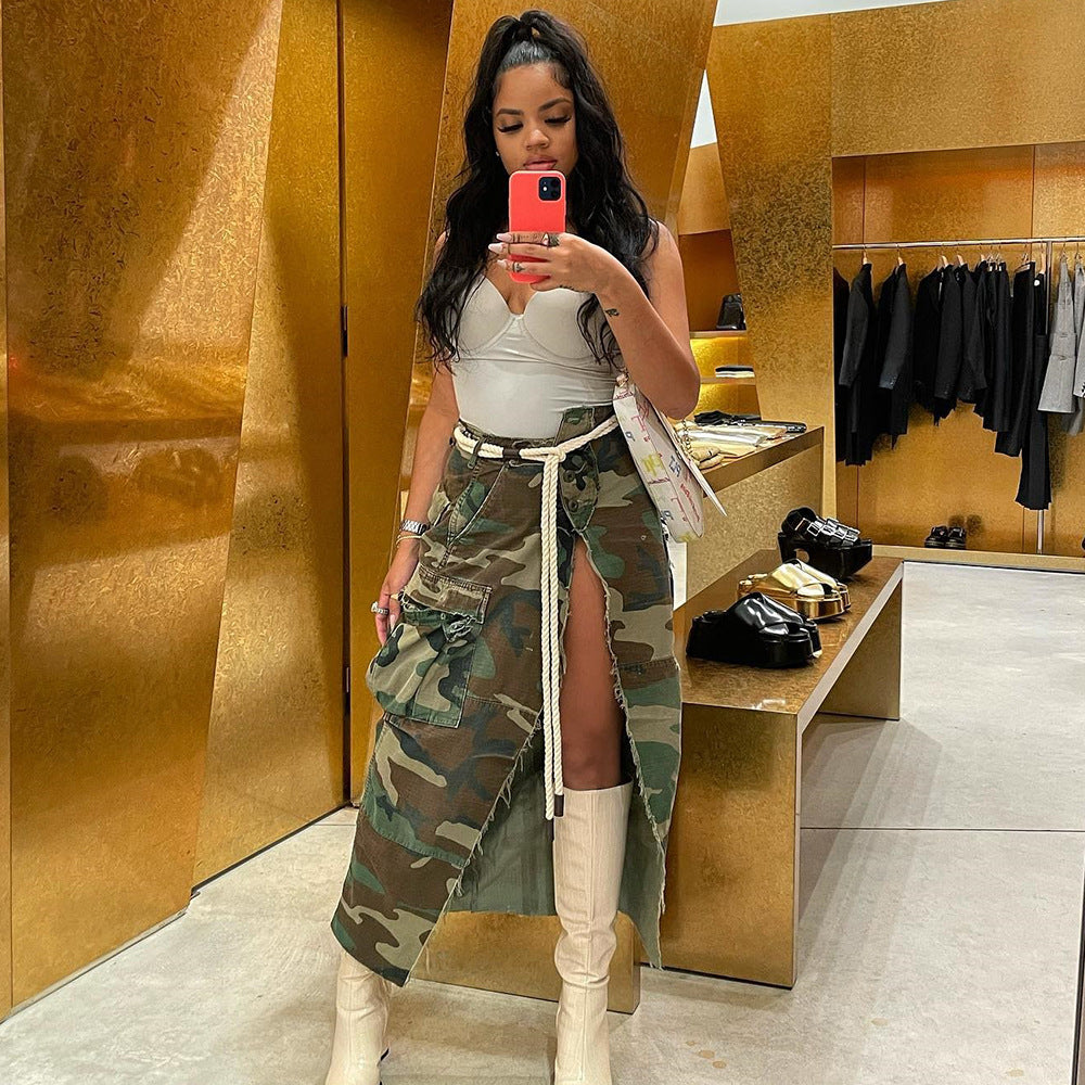 Women's Fashion Camouflage Slit Long Skirt