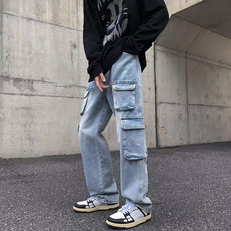 Cargo Jeans Men's Distressed Straight Loose Pants