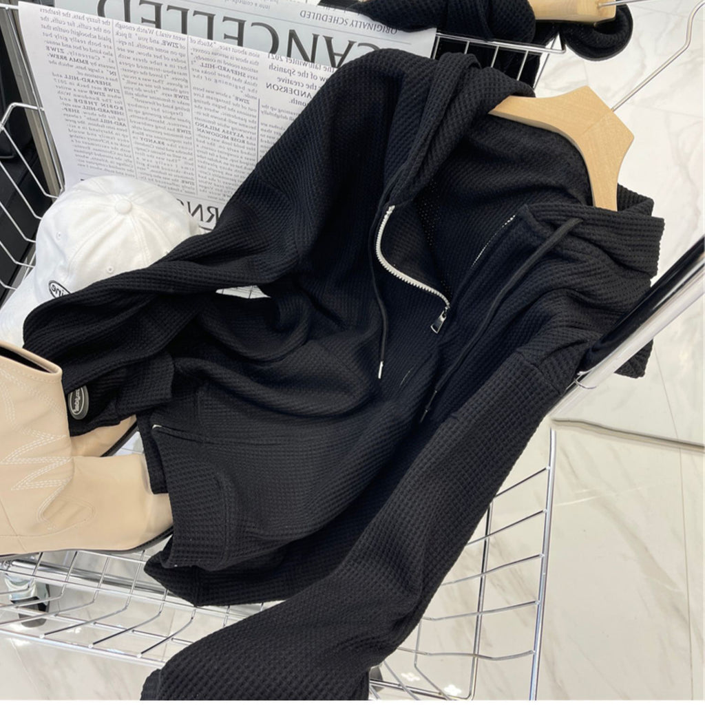 Waffle Hooded Women's Loose Slimming Zipper Cardigan