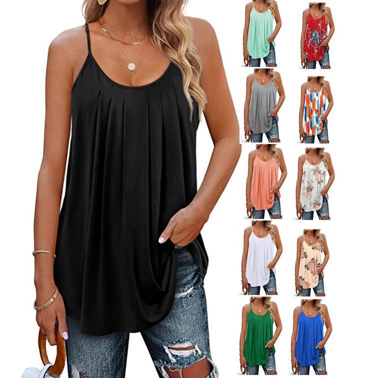 Women's Casual Summer Pleated Round Neck Keyhole Loose Top