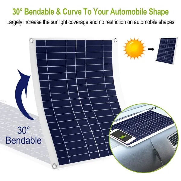 Outdoor Solar Panel 12V 25W Car Battery Charger IP68 Waterproof W/ 3.0A Dual USB Charging Clip Line