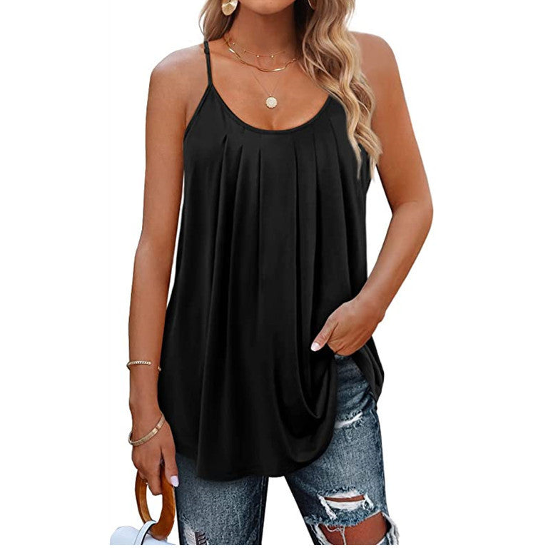 Women's Casual Summer Pleated Round Neck Keyhole Loose Top