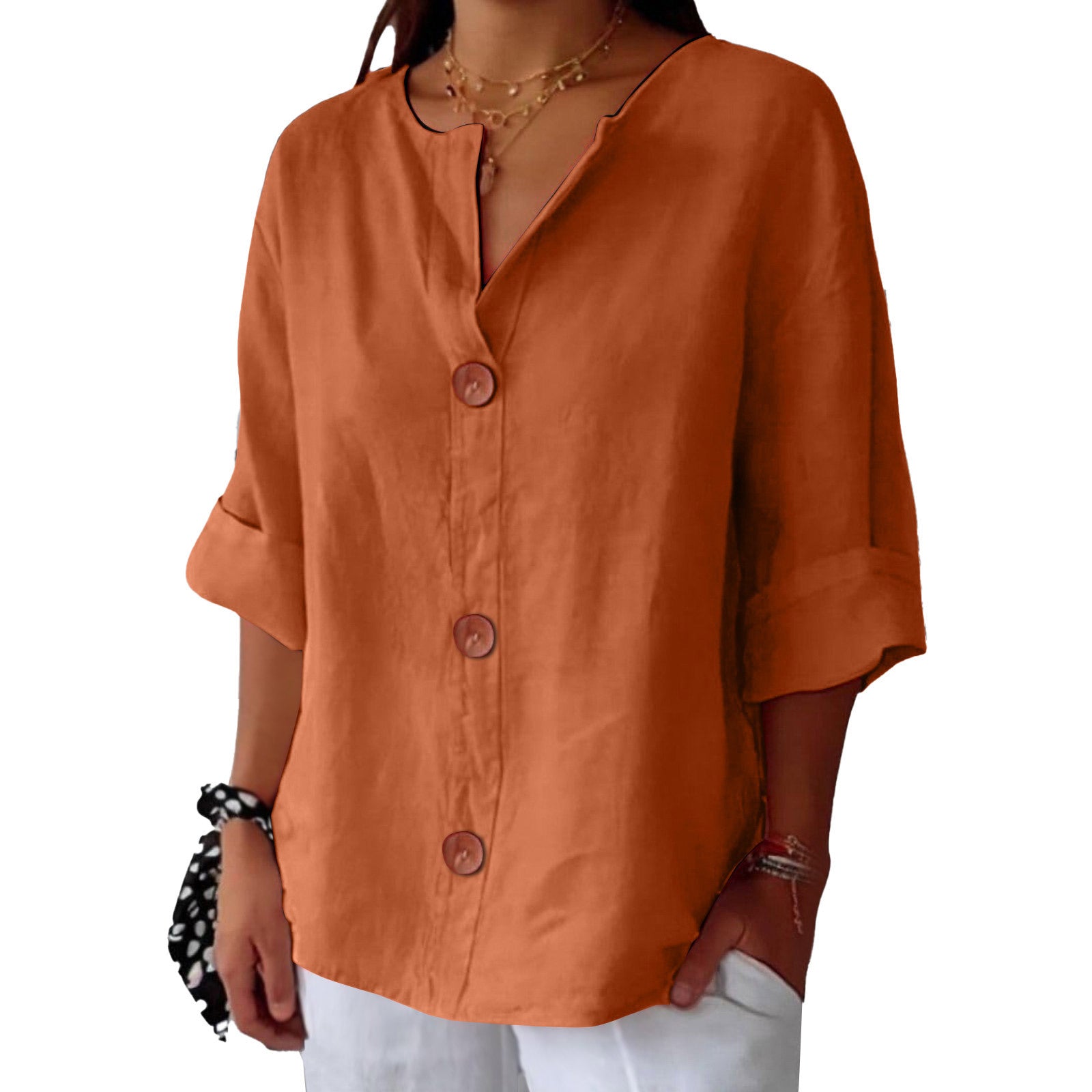 Women's V-neck cotton and linen buttoned blouse