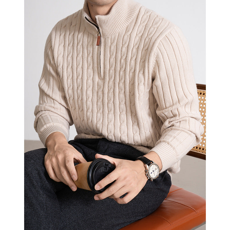 Men's Casual Solid Color Half-height Zip Twisted Sweater