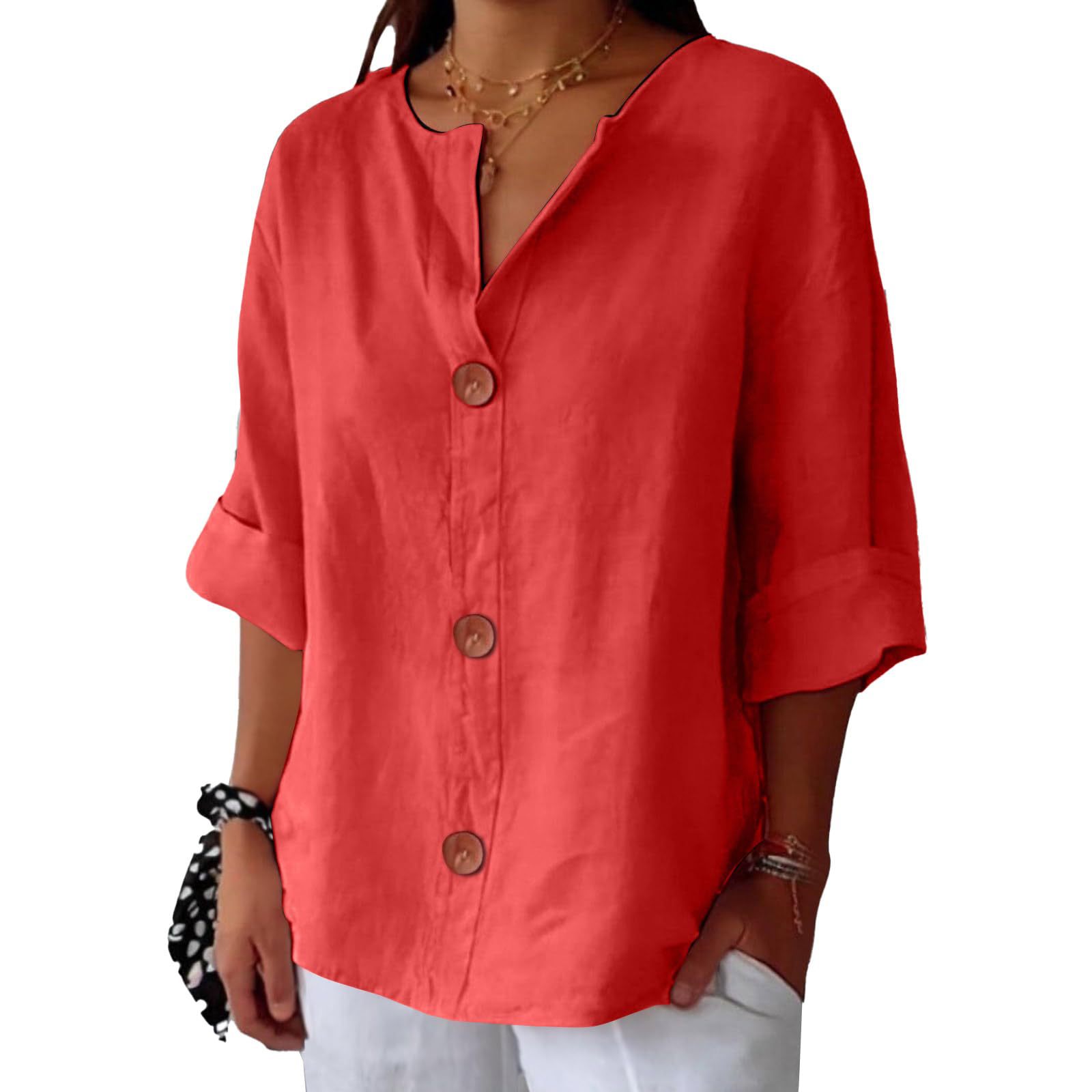 Women's V-neck cotton and linen buttoned blouse