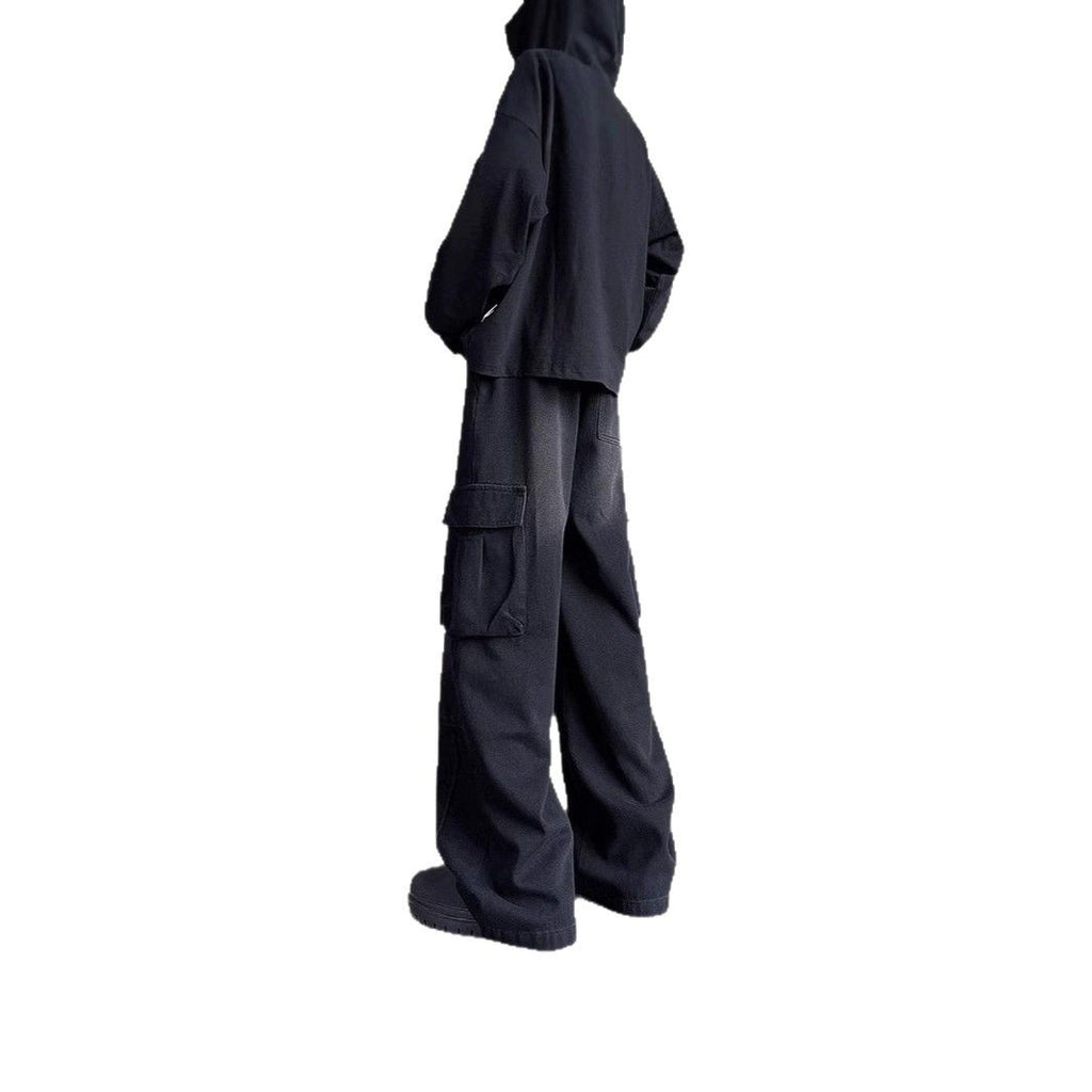 Washed Vintage Denim Men's Versatile Wide-Leg Multi-Pocket Casual Pants