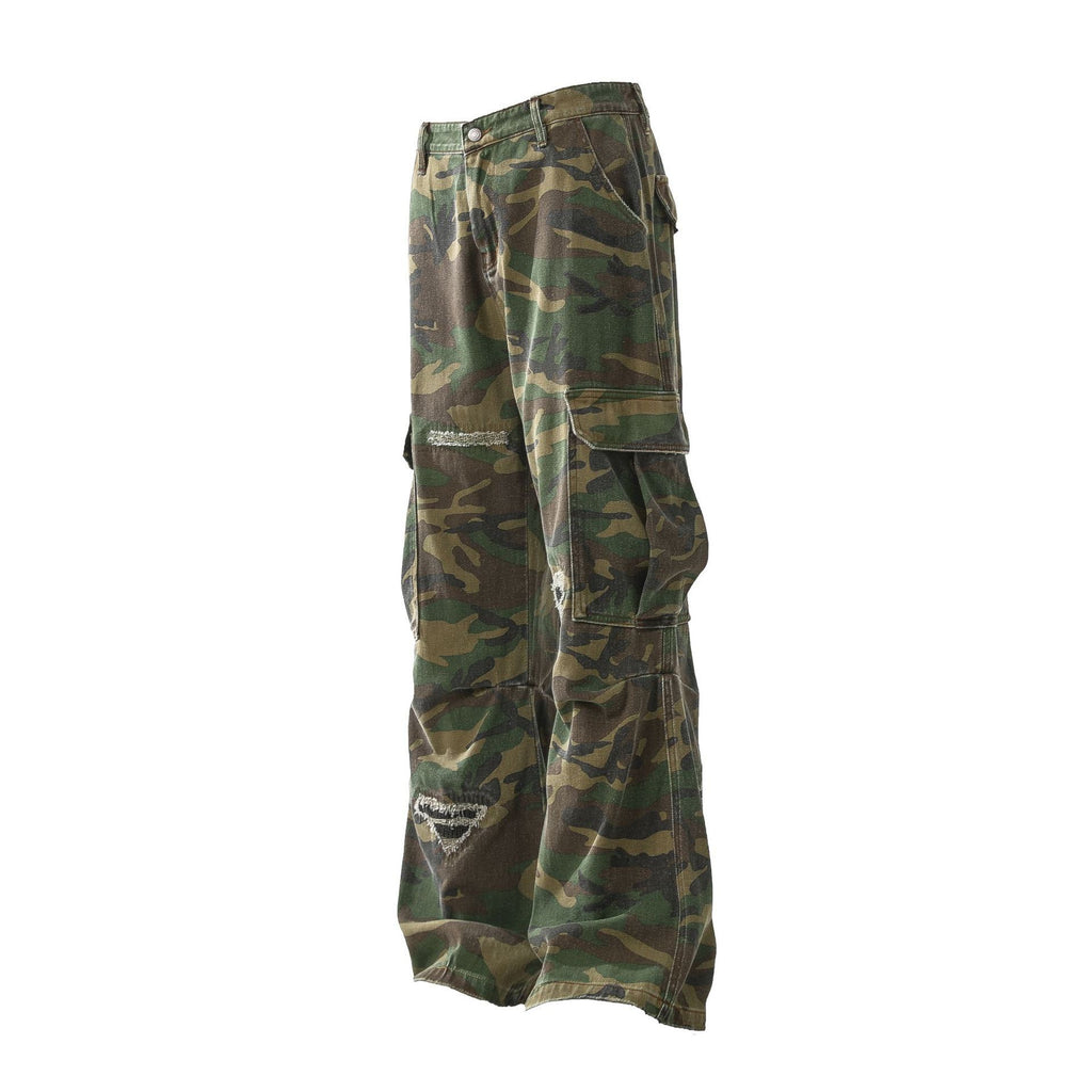 Retro Tattered Jeans Personalized Camouflage Workwear Casual Pants