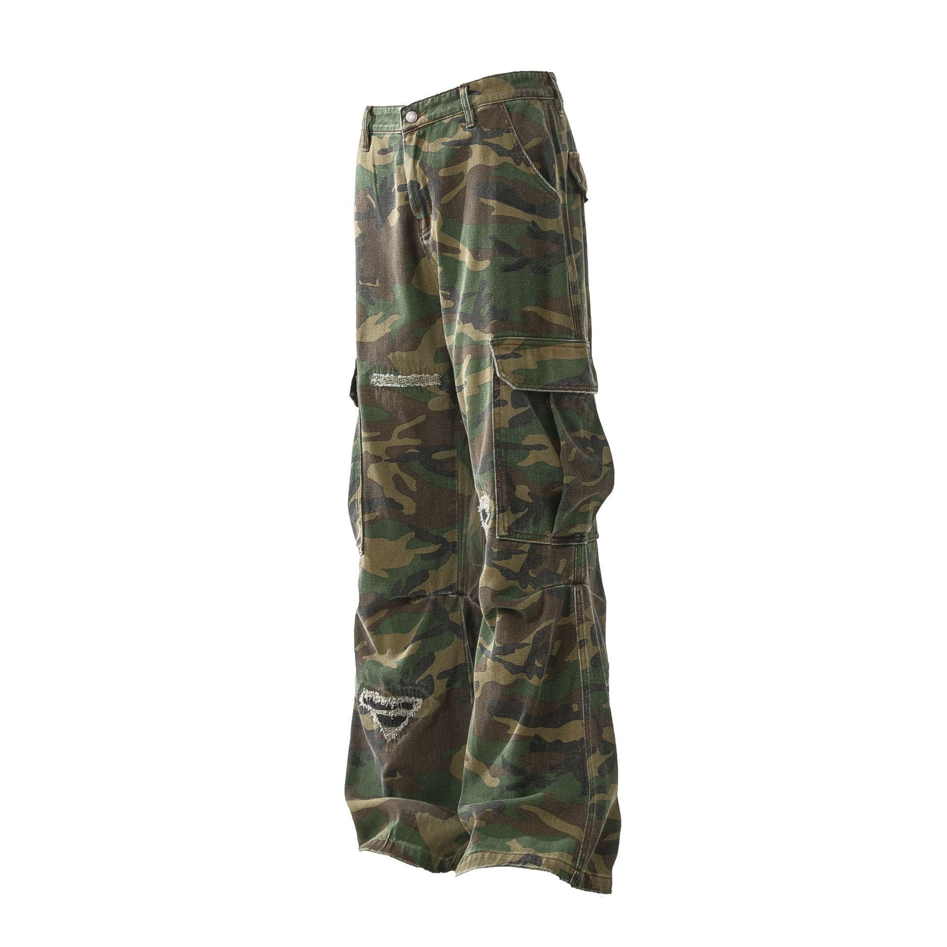 Retro Tattered Jeans Personalized Camouflage Workwear Casual Pants