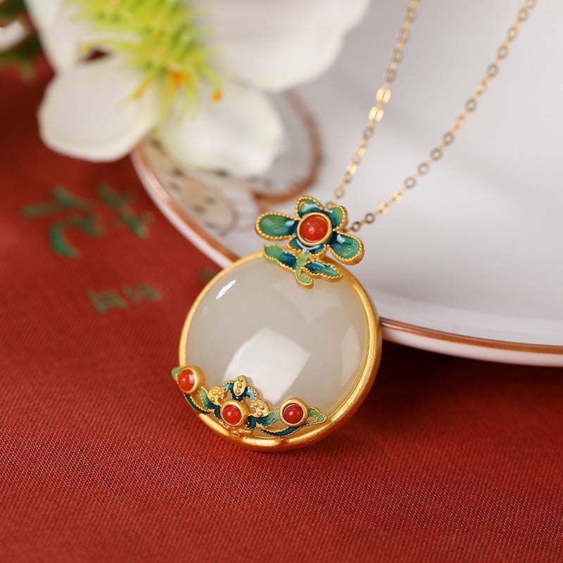Inlaid Natural Hetian Jade Retro Stylish Pendant Chinese Style Necklace