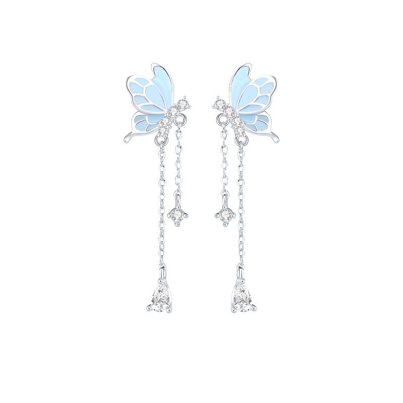 Luminous Dancing Butterfly Tassel S925 Sterling Silver Stud Earrings Minority Fashion Long