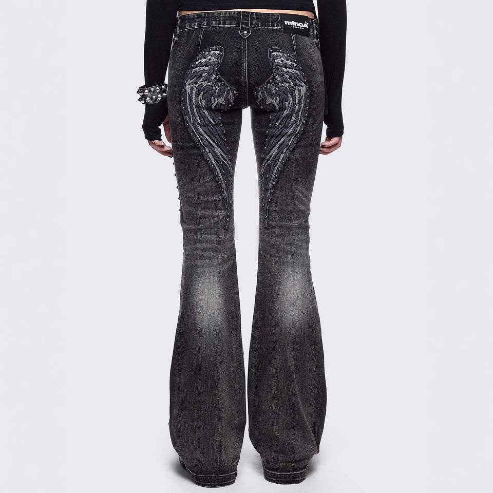 Womens Retro Wing-Pattern Slim-Fit Jeans